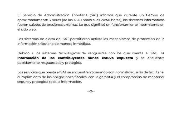 SAT SUFRE INTENTO DE HACKEO; INFORMACIÓN DE CONTRIBUYENTES NO ESTUVO EXPUESTA