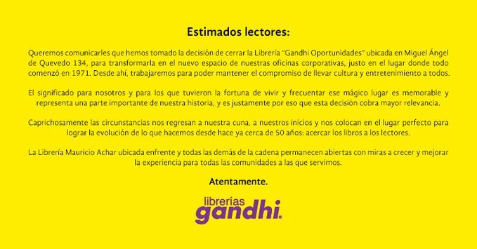 CIERRA LA PRIMERA LIBRERÍA GANDHI EN CDMX