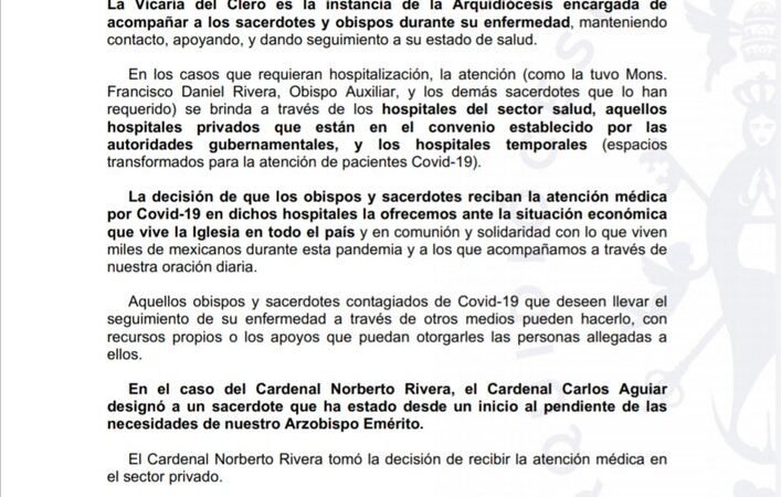 CARDENAL NORBERTO RIVERA DECIDIÓ RECIBIR ATENCIÓN MÉDICA EN SECTOR PRIVADO: ARQUIDIÓCESIS