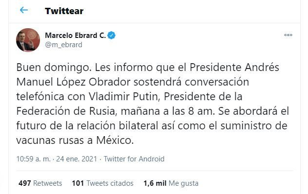 AMLO Y PUTIN HABLARÁN POR TELÉFONO SOBRE RELACIÓN BILATERAL Y VACUNA COVID-19