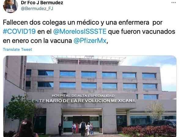 MUEREN MÉDICO Y ENFERMERA DE MORELOS VACUNADOS CON PFIZER EN ENERO PASADO