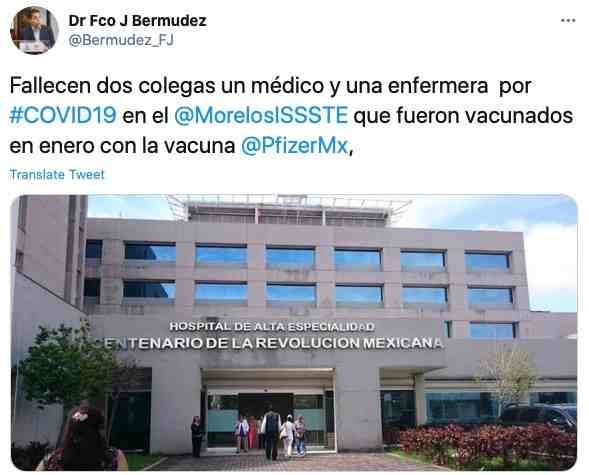 MUEREN MÉDICO Y ENFERMERA DE MORELOS VACUNADOS CON PFIZER EN ENERO PASADO