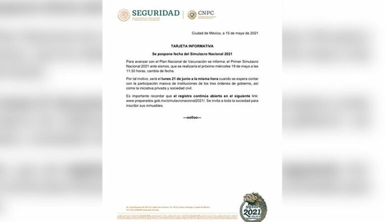 POSPONEN SIMULACRO NACIONAL DE SISMOS POR VACUNACIÓN