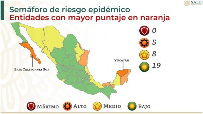 SEMÁFORO COVID: 19 ESTADOS ESTÁN EN VERDE, OCHO EN AMARILLO Y CINCO EN NARANJA