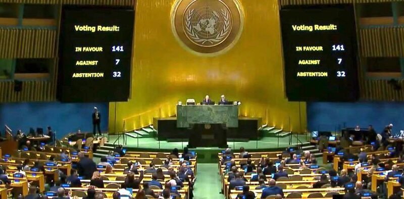 OBTIENE 141 VOTOS RESOLUCIÓN QUE PIDE RETIRADA DE RUSIA EN ASAMBLEA DE LA ONU