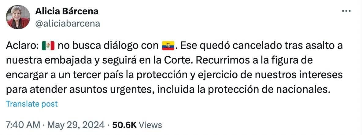 MÉXICO NO BUSCA DIÁLOGO CON ECUADOR, ACLARA LA CANCILLER BÁRCENA