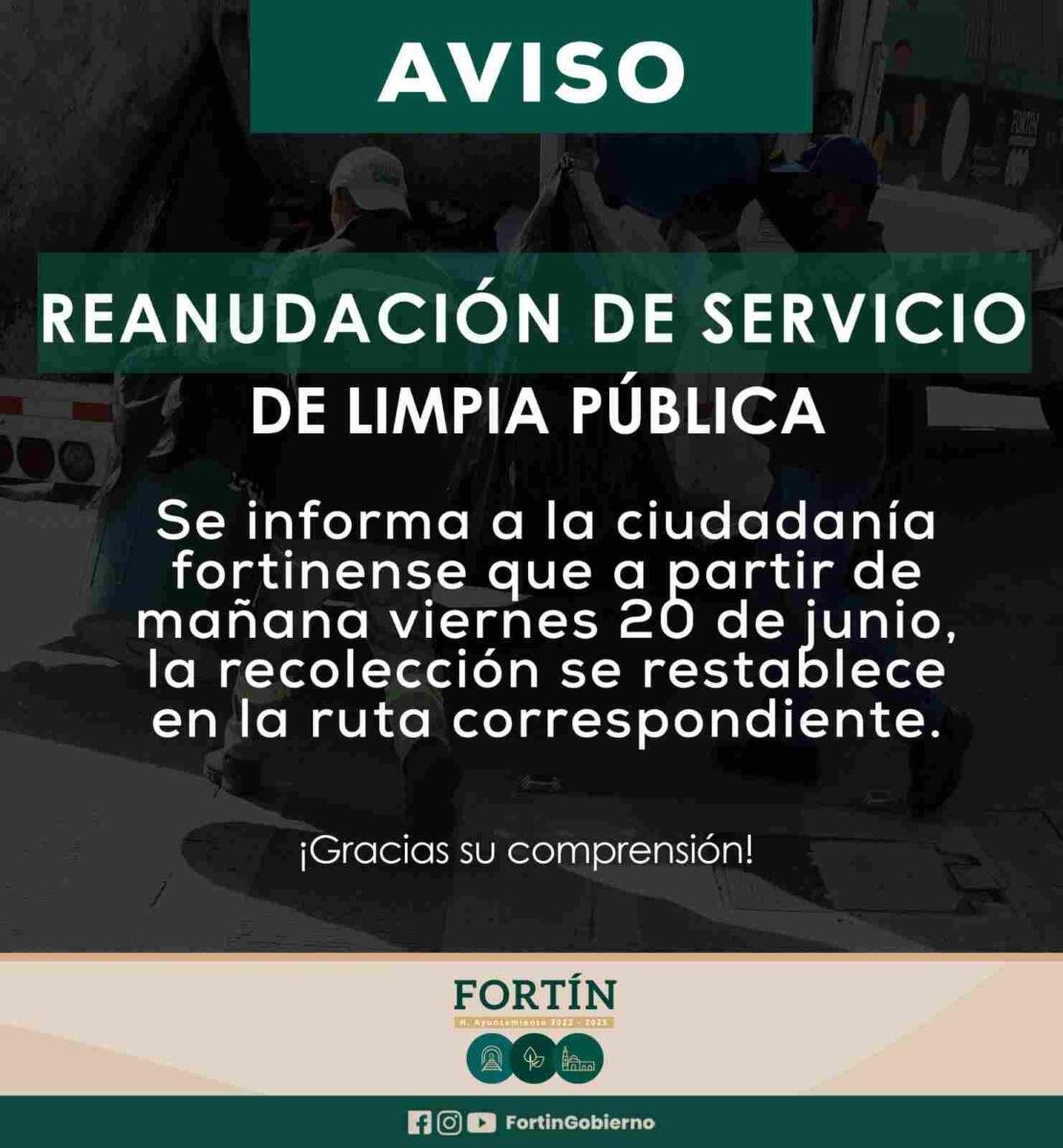 SE REANUDA EL SERVICIO DE RECOLECCIÓN DE BASURA EN FORTIN