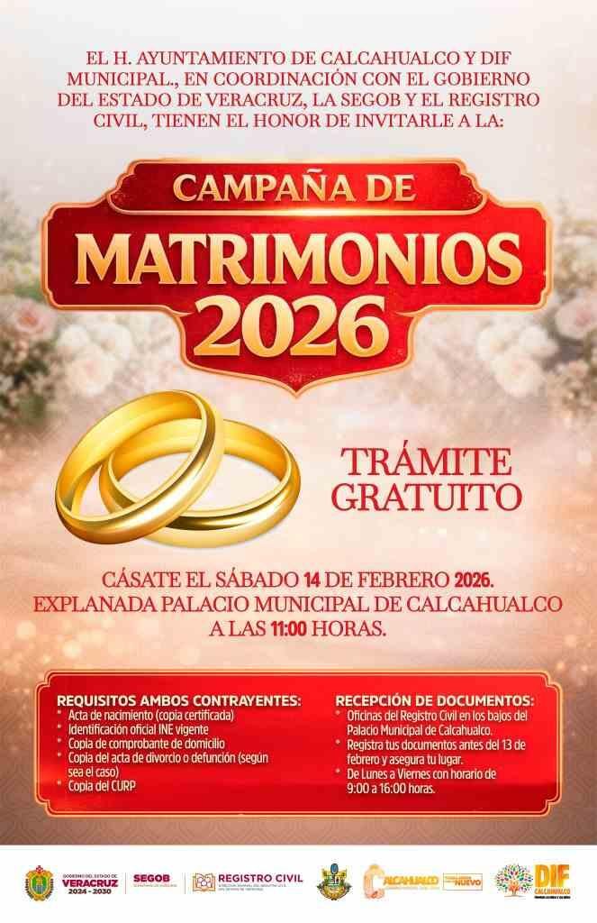 INVITA AYUNTAMIENTO DE CALCAHUALCO A CAMPAÑA DE BODAS COLECTIVAS