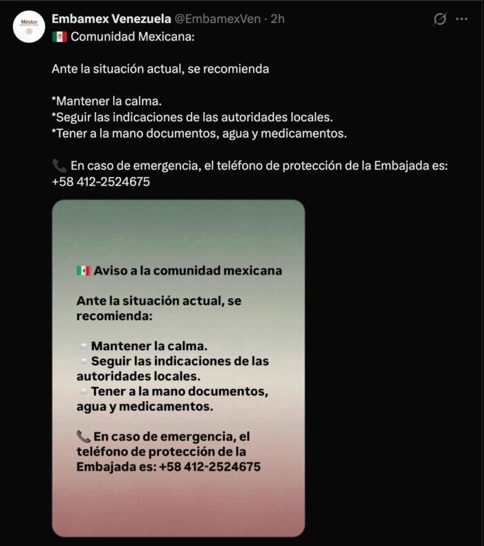 SRE DIFUNDE AVISO PREVENTIVO PARA MEXICANOS EN VENEZUELA