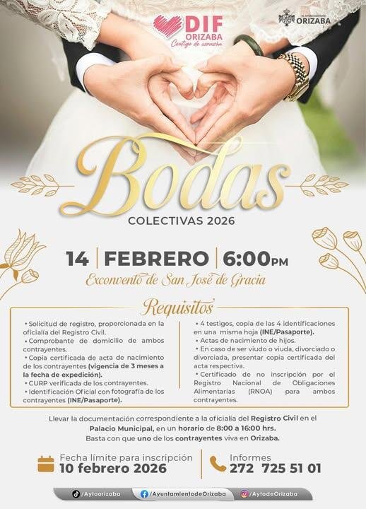 DIF ORIZABA INVITA A LA CAMPAÑA DE MATRIMONIOS COLECTIVOS