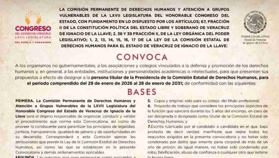 EMITEN CONVOCATORIA PARA COMISIÓN ESTATAL DE DERECHOS HUMANOS