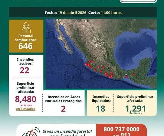 CONAFOR REPORTA 22 INCENDIOS FORESTALES ACTIVOS EN MÉXICO