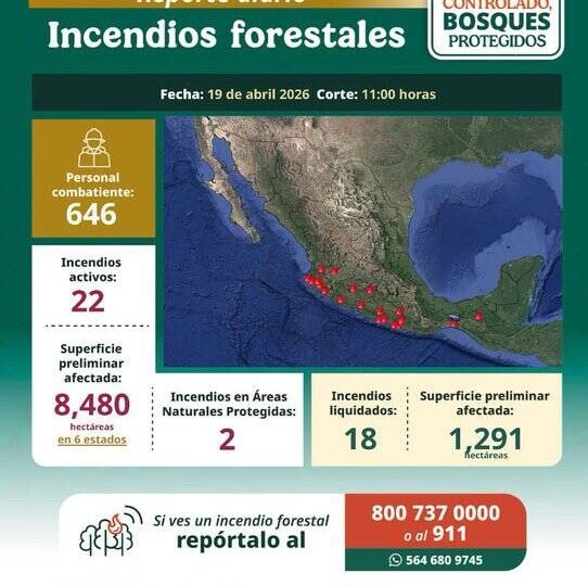 CONAFOR REPORTA 22 INCENDIOS FORESTALES ACTIVOS EN MÉXICO