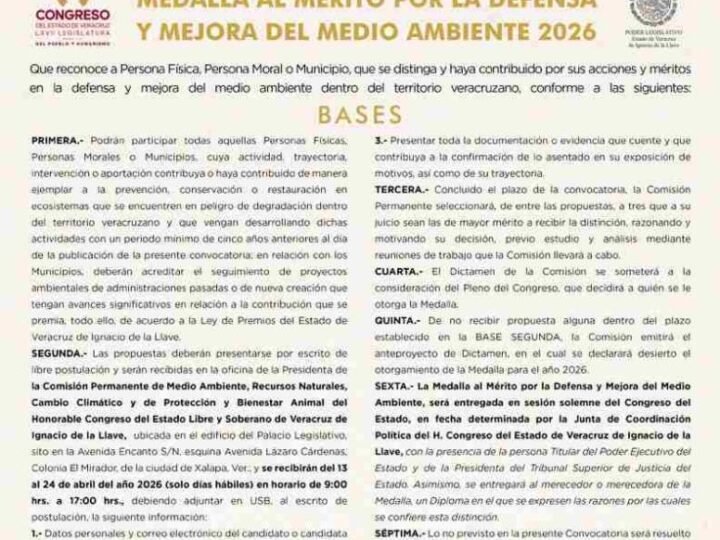 EMITE COMISIÓN CONVOCATORIA PARA ENTREGA DEL PREMIO AL MÉRITO AMBIENTAL 2026