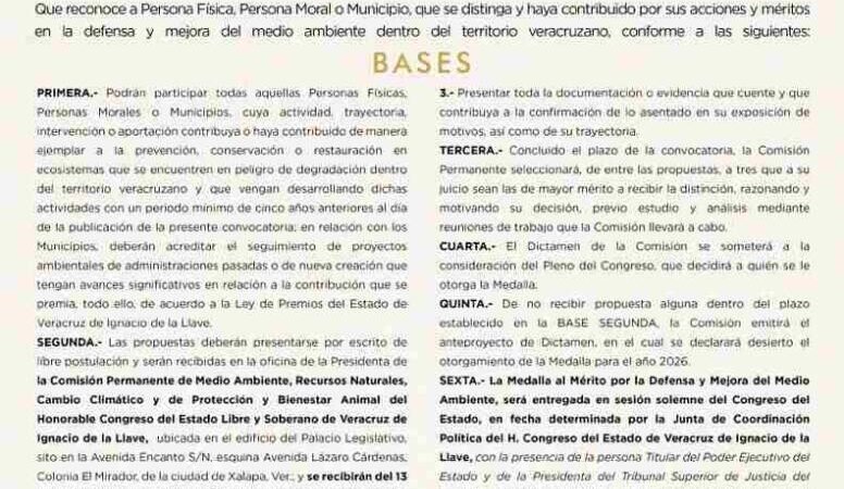 EMITE COMISIÓN CONVOCATORIA PARA ENTREGA DEL PREMIO AL MÉRITO AMBIENTAL 2026