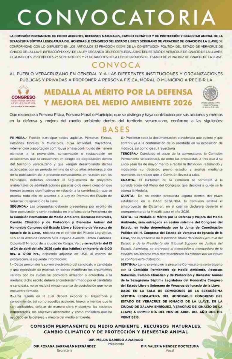 EMITE COMISIÓN CONVOCATORIA PARA ENTREGA DEL PREMIO AL MÉRITO AMBIENTAL 2026